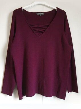 Addition Elle Cranberry Cross Tie V-Neck Rayon Blend Knit Sweater- 2XP Romantic